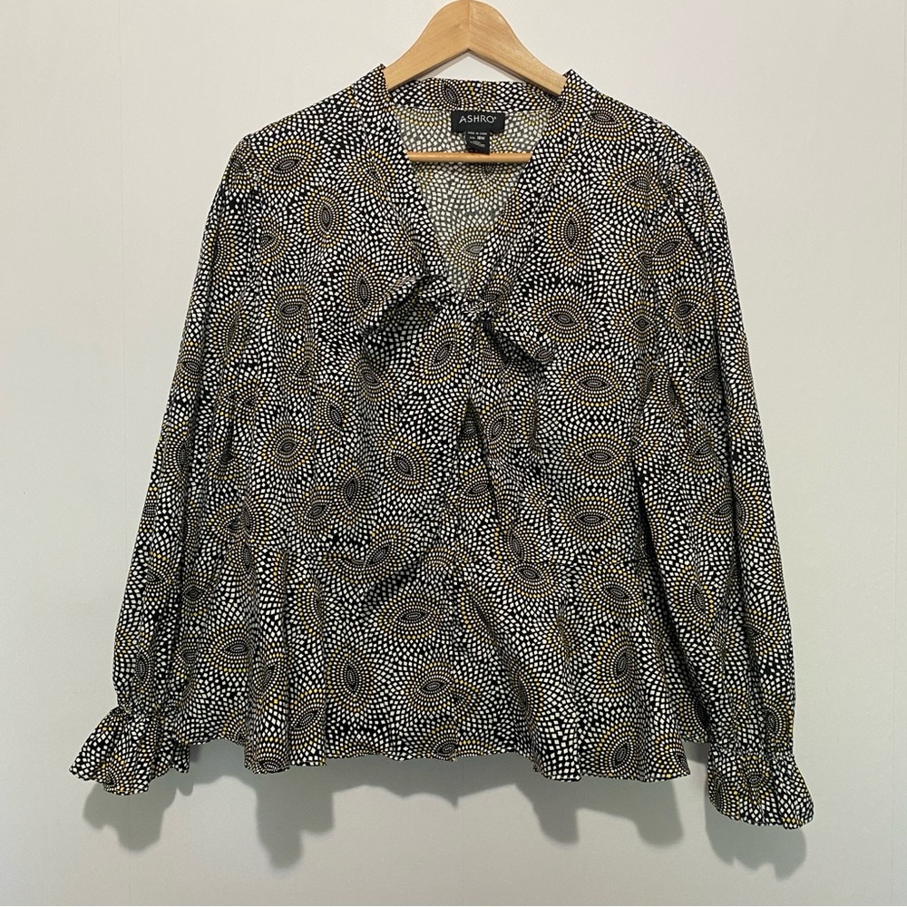 Ashro 18W Tie‎ Neck Blouse Black White Yellow Geo Print Peplum Top Office Preppy